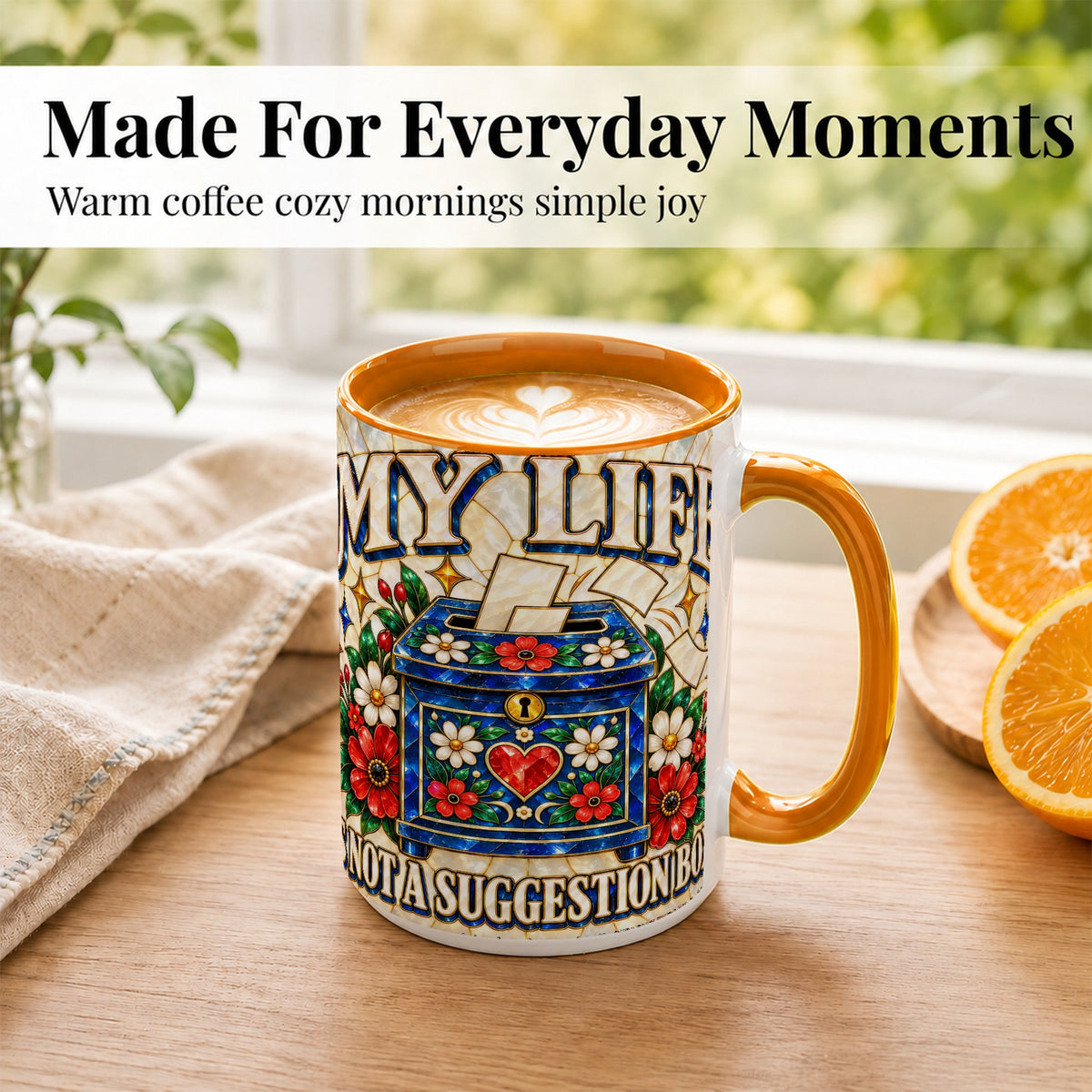 #pl[15oz|Orange] Stained Glass Floral Box Coffee Mug, Witty Quote Mug, Ceramic Cup