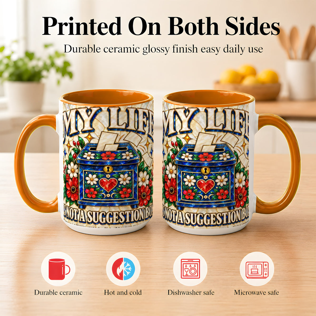#pl[15oz|Orange] Stained Glass Floral Box Coffee Mug, Witty Quote Mug, Ceramic Cup
