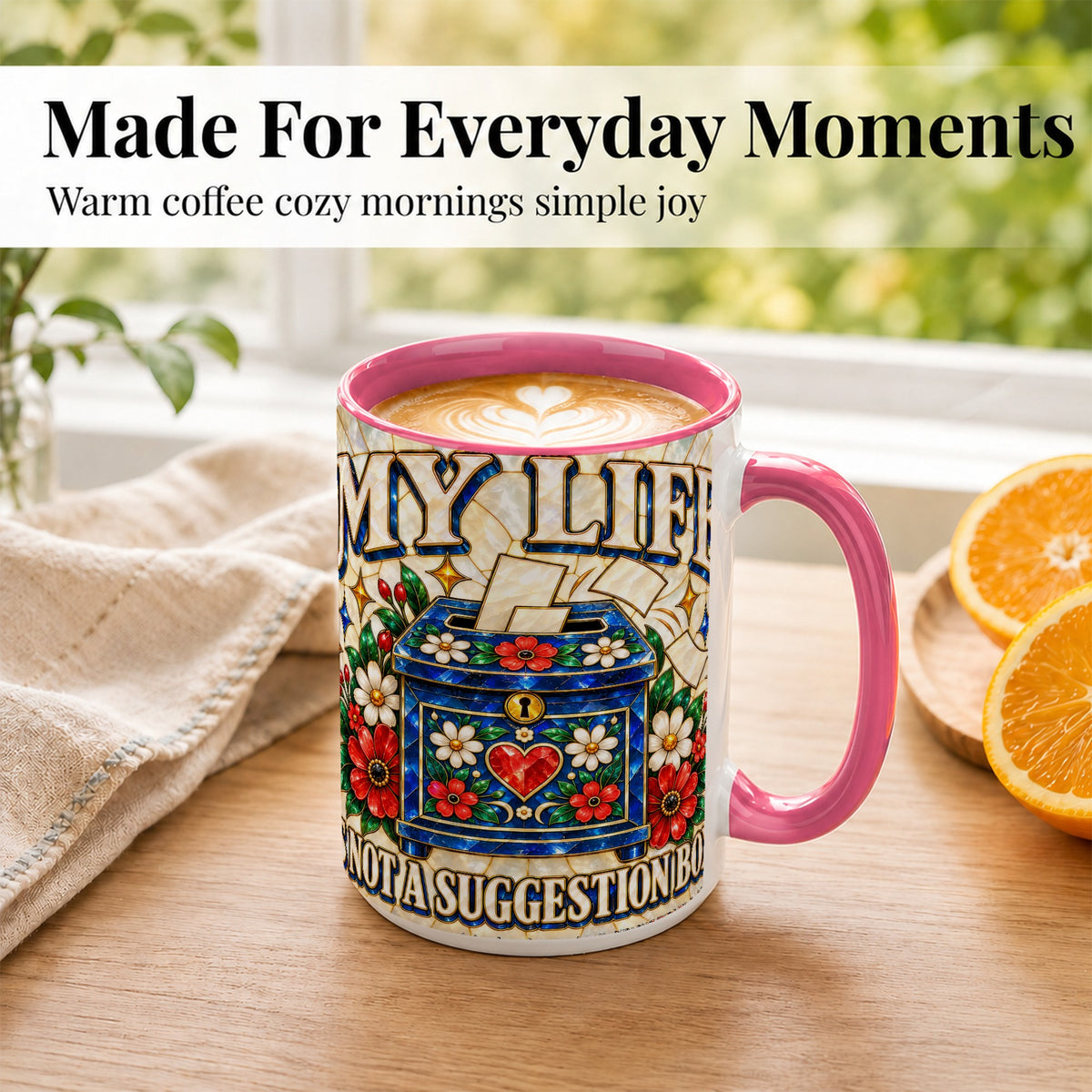 #pl[15oz|Pink] Stained Glass Floral Box Coffee Mug, Witty Quote Mug, Ceramic Cup