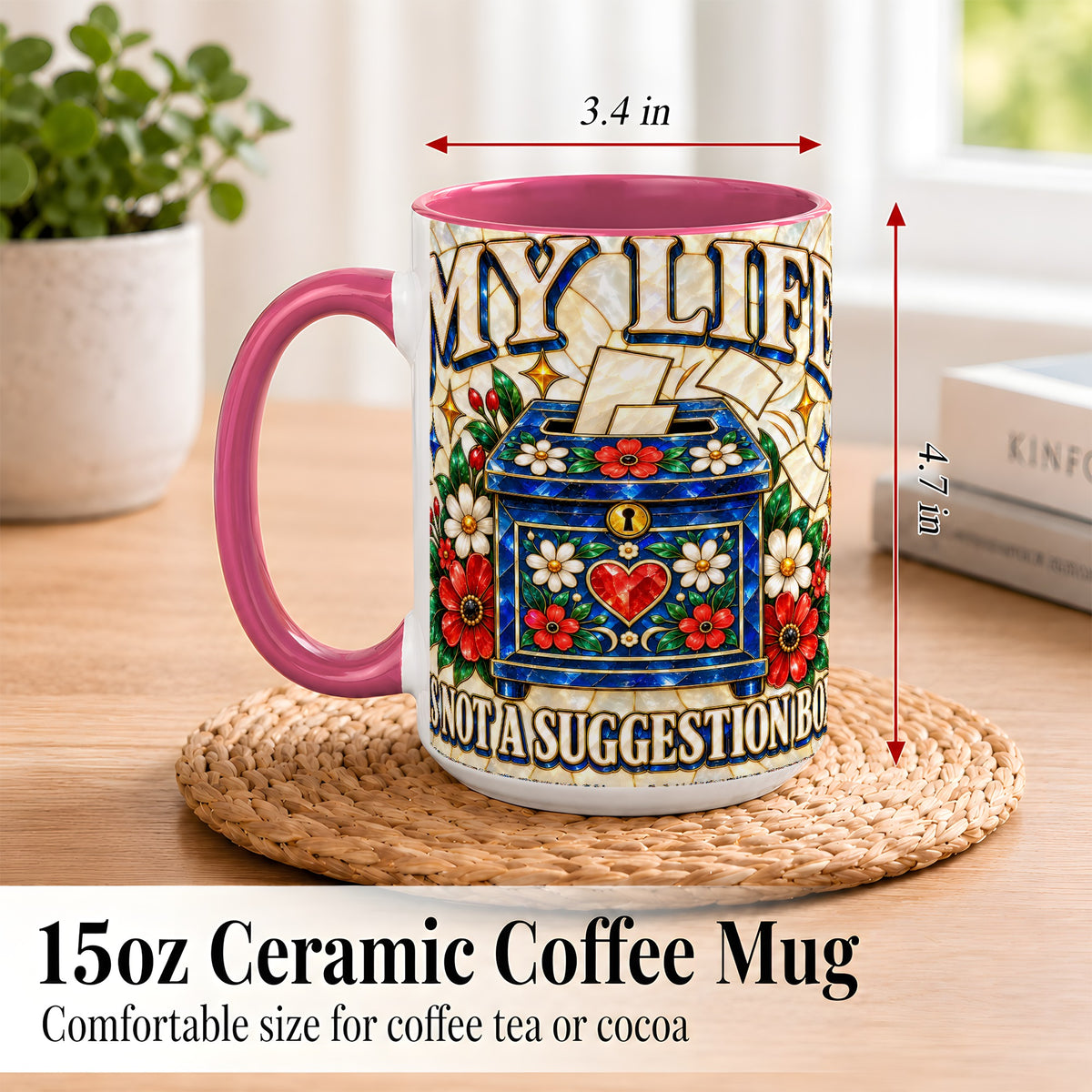 #pl[15oz|Pink] Stained Glass Floral Box Coffee Mug, Witty Quote Mug, Ceramic Cup