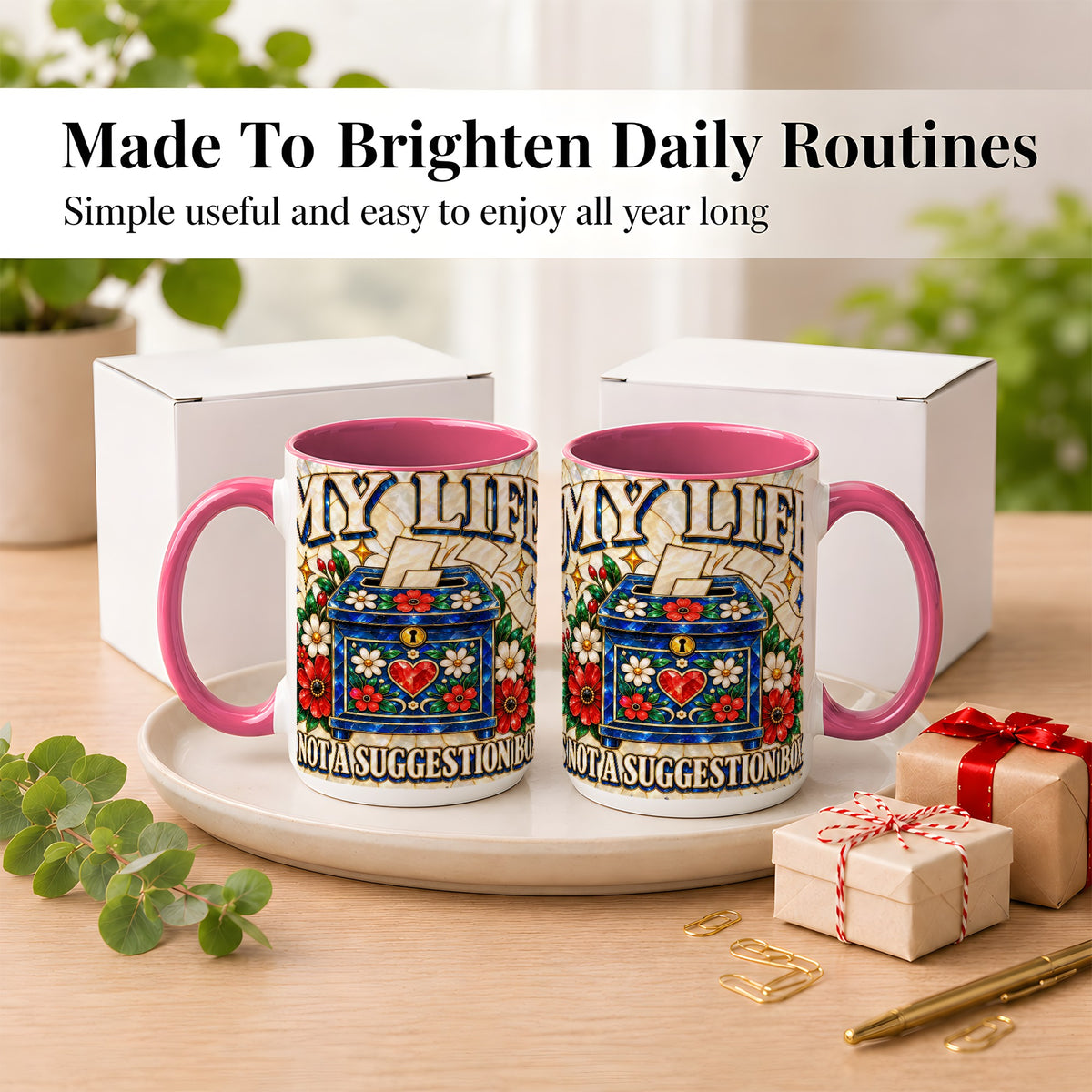 #pl[15oz|Pink] Stained Glass Floral Box Coffee Mug, Witty Quote Mug, Ceramic Cup