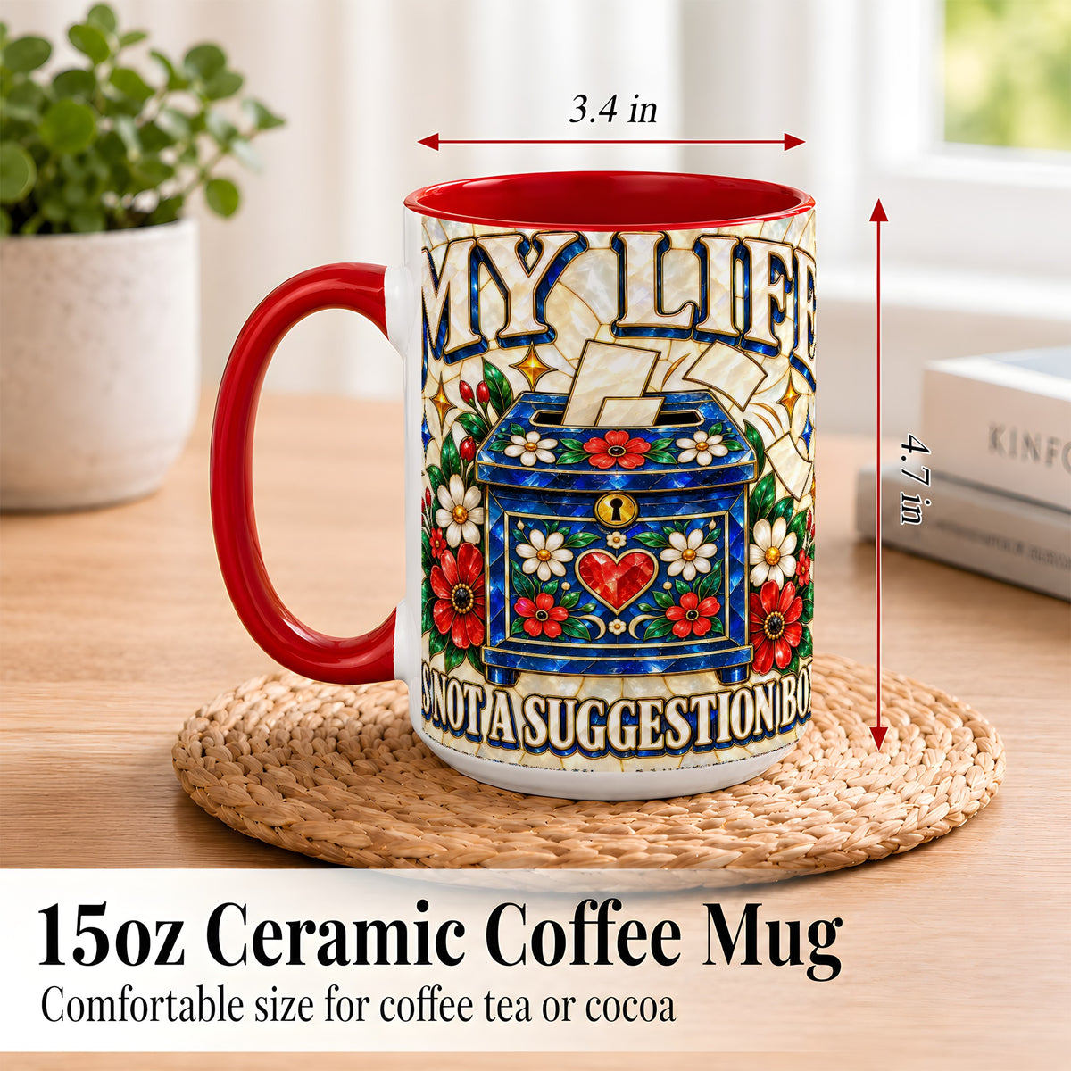 #pl[15oz|Red] Stained Glass Floral Box Coffee Mug, Witty Quote Mug, Ceramic Cup