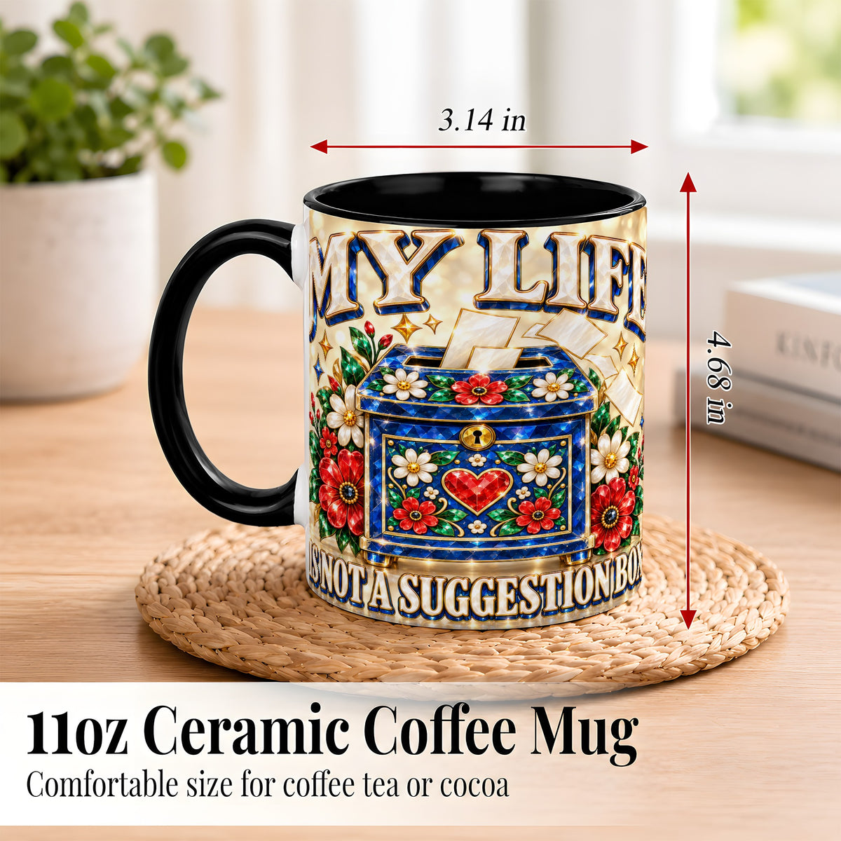 #pl[11oz|Black] Jeweled Floral Box Coffee Mug, Witty Quote Mug, Ceramic Cup