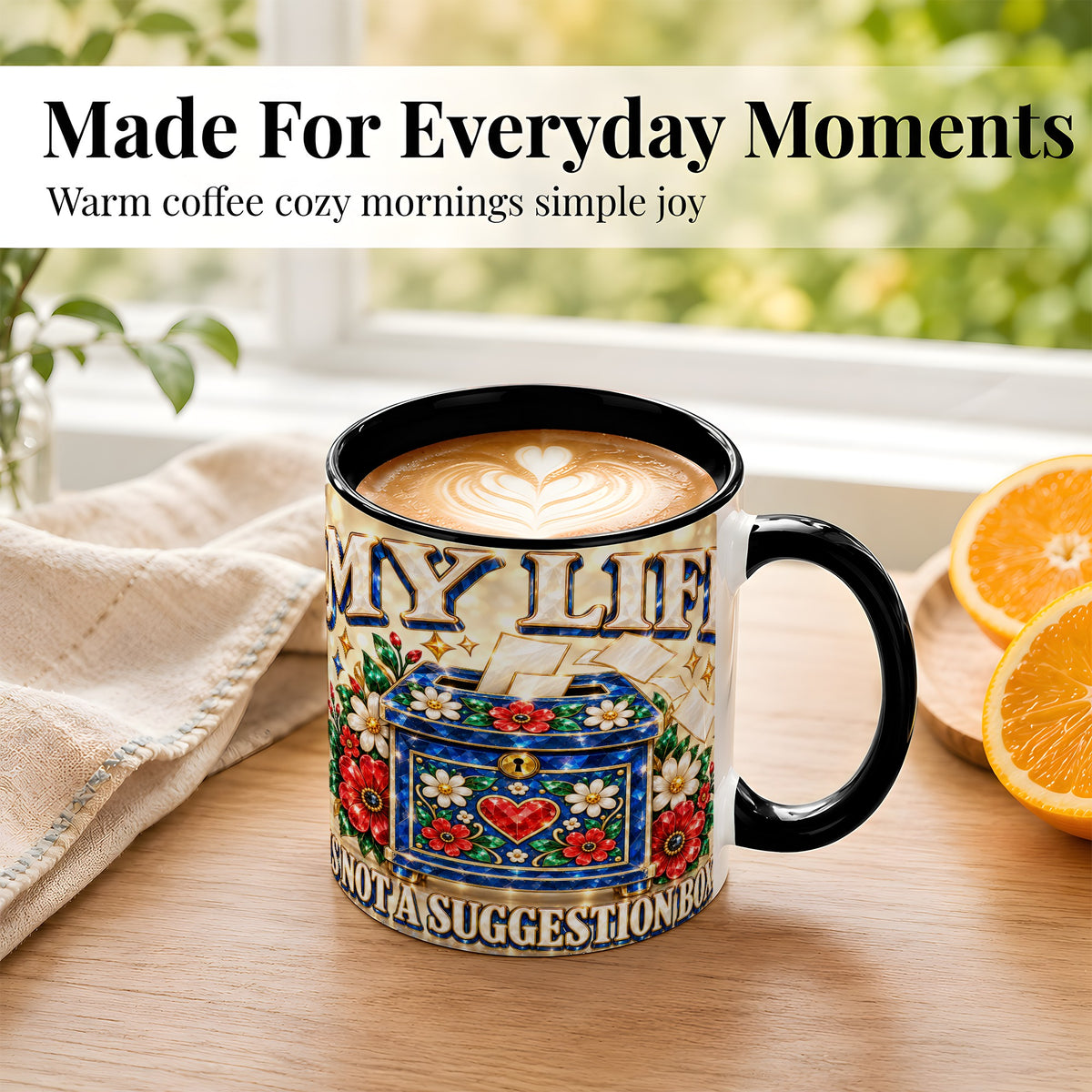 #pl[11oz|Black] Jeweled Floral Box Coffee Mug, Witty Quote Mug, Ceramic Cup