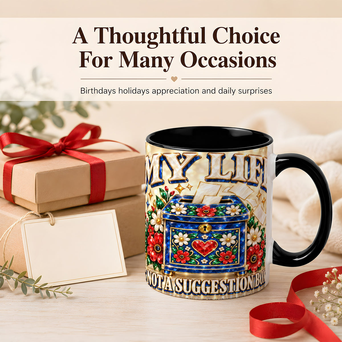 #pl[11oz|Black] Jeweled Floral Box Coffee Mug, Witty Quote Mug, Ceramic Cup