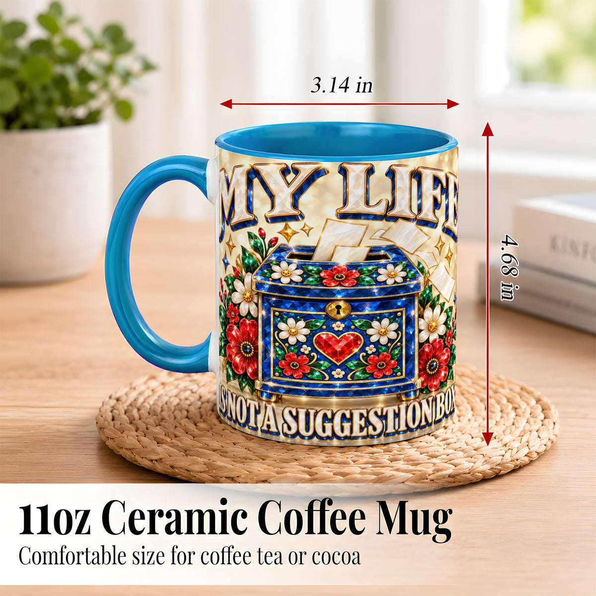 #pl[11oz|Blue] Jeweled Floral Box Coffee Mug, Witty Quote Mug, Ceramic Cup