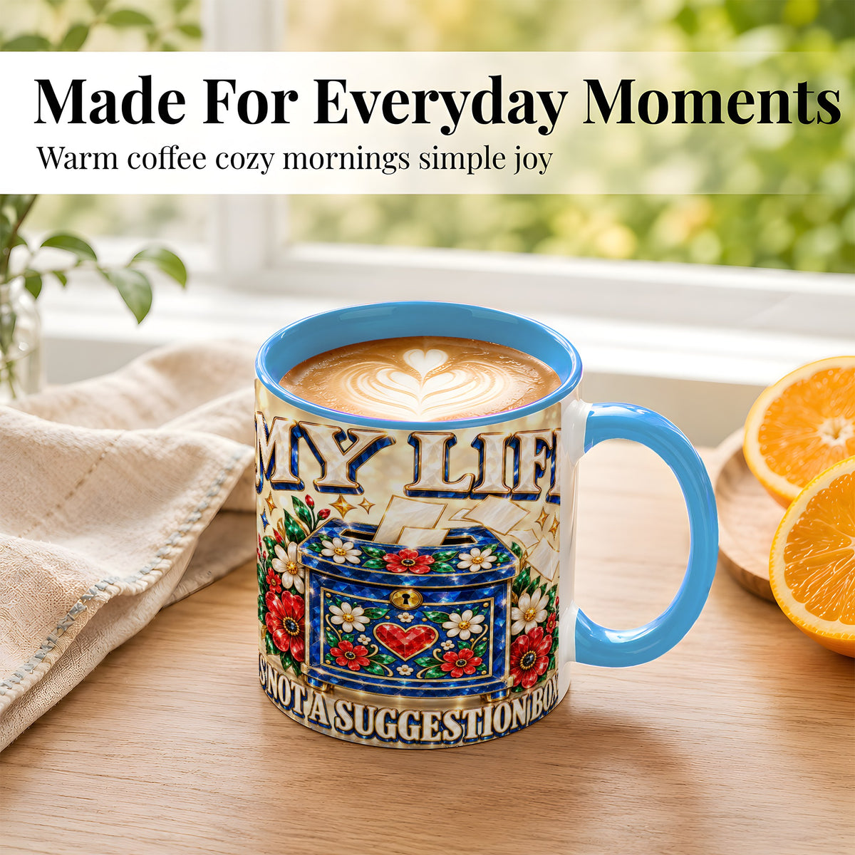 #pl[11oz|Blue] Jeweled Floral Box Coffee Mug, Witty Quote Mug, Ceramic Cup