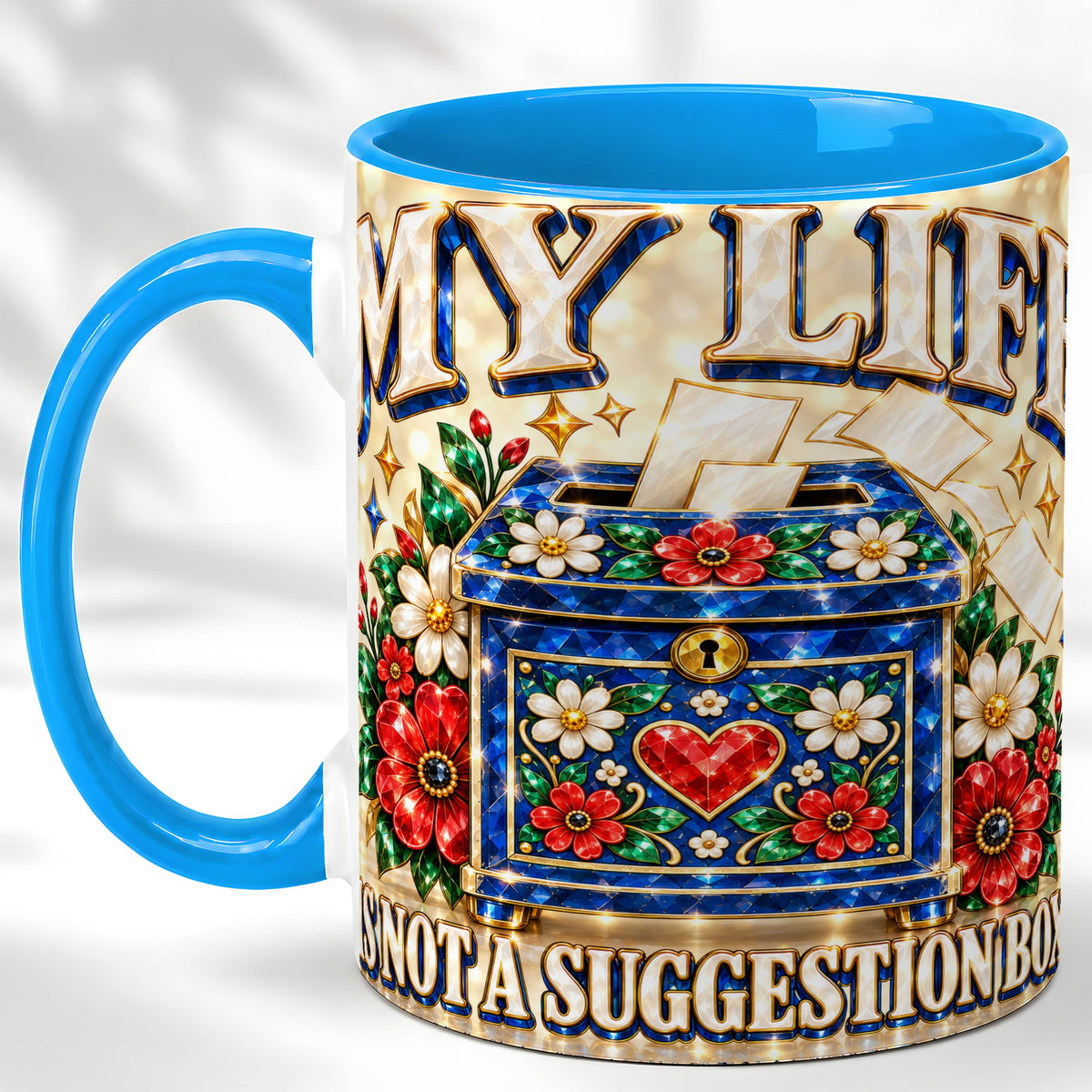 #pl[11oz|Blue] Jeweled Floral Box Coffee Mug, Witty Quote Mug, Ceramic Cup