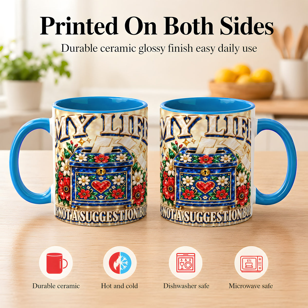 #pl[11oz|Blue] Jeweled Floral Box Coffee Mug, Witty Quote Mug, Ceramic Cup