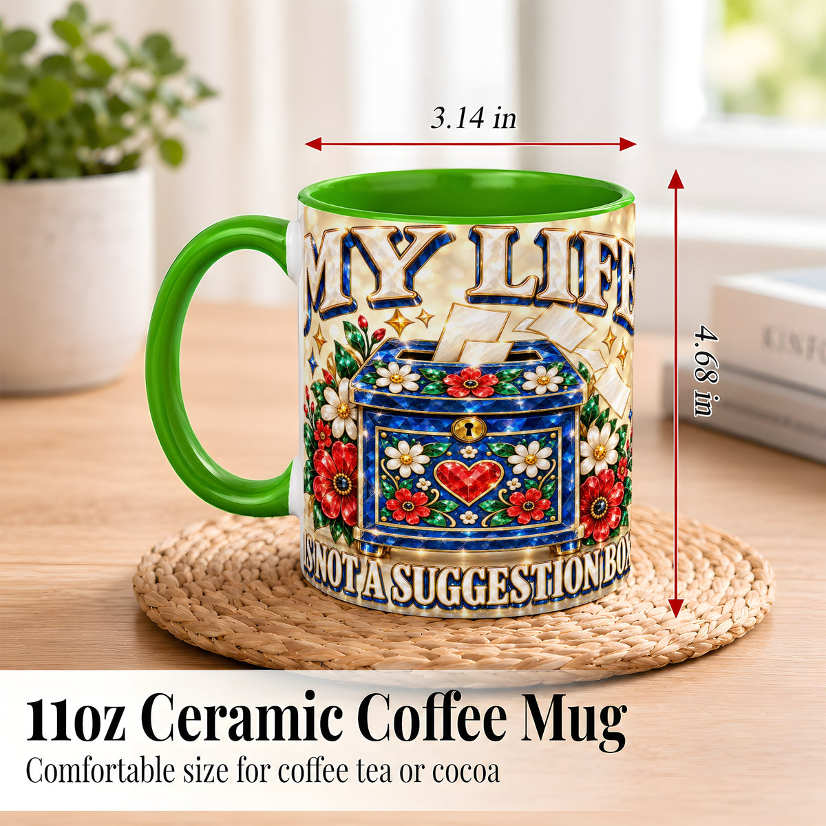 #pl[11oz|Green] Jeweled Floral Box Coffee Mug, Witty Quote Mug, Ceramic Cup