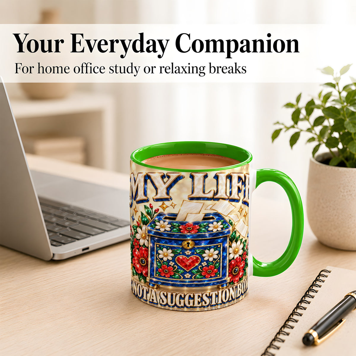 #pl[11oz|Green] Jeweled Floral Box Coffee Mug, Witty Quote Mug, Ceramic Cup