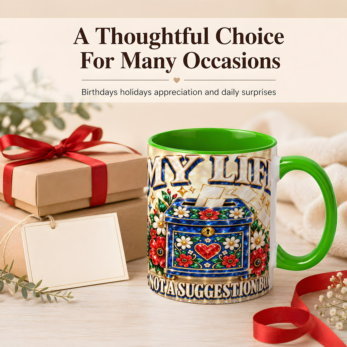 #pl[11oz|Green] Jeweled Floral Box Coffee Mug, Witty Quote Mug, Ceramic Cup