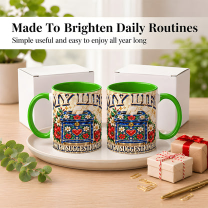#pl[11oz|Green] Jeweled Floral Box Coffee Mug, Witty Quote Mug, Ceramic Cup