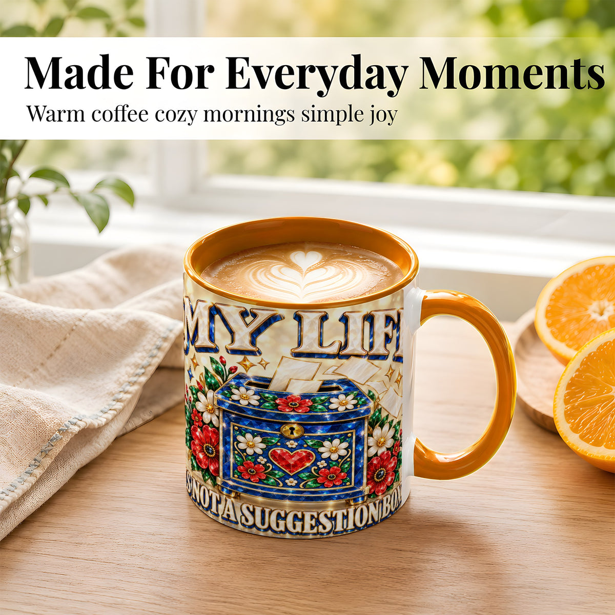 #pl[11oz|Orange] Jeweled Floral Box Coffee Mug, Witty Quote Mug, Ceramic Cup