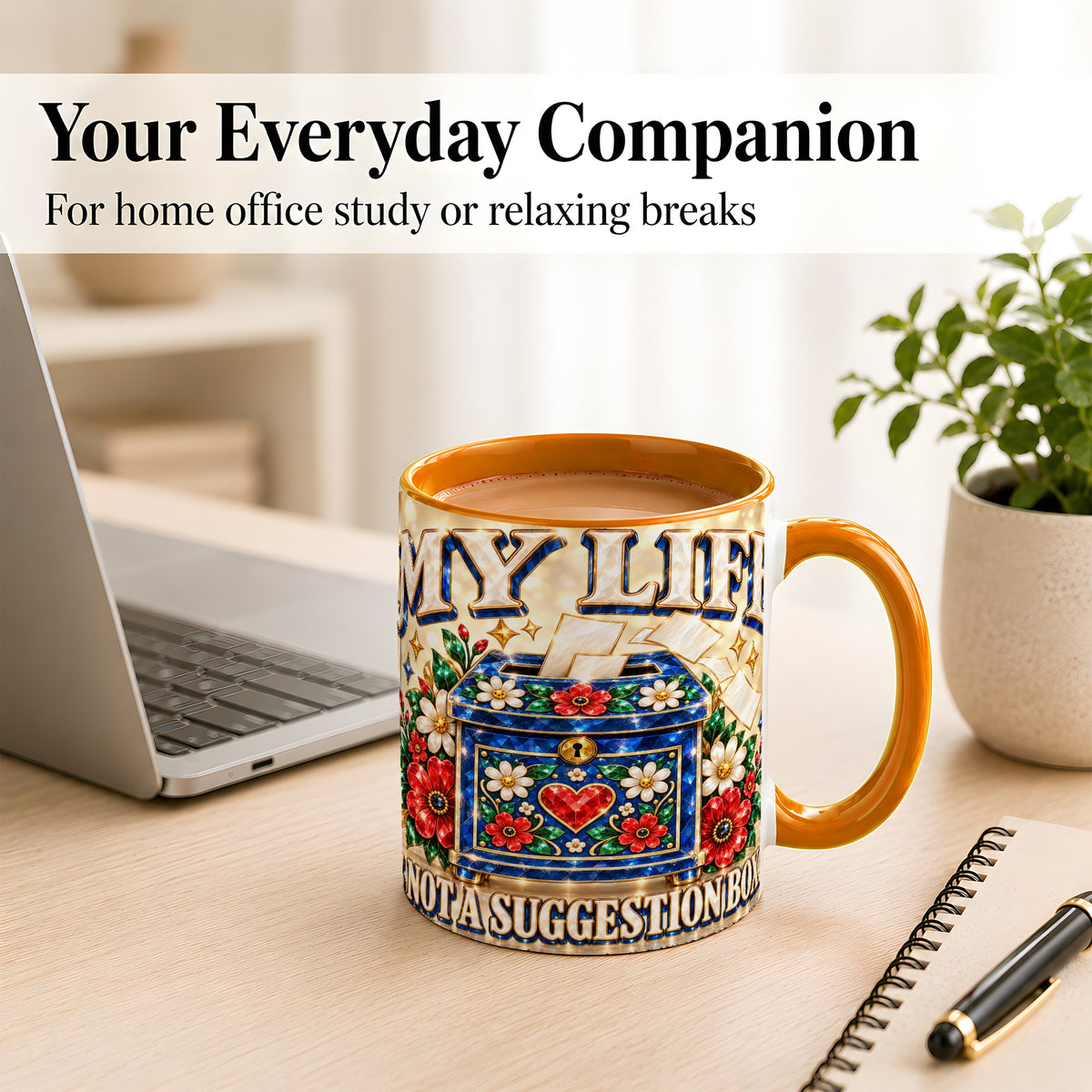 #pl[11oz|Orange] Jeweled Floral Box Coffee Mug, Witty Quote Mug, Ceramic Cup