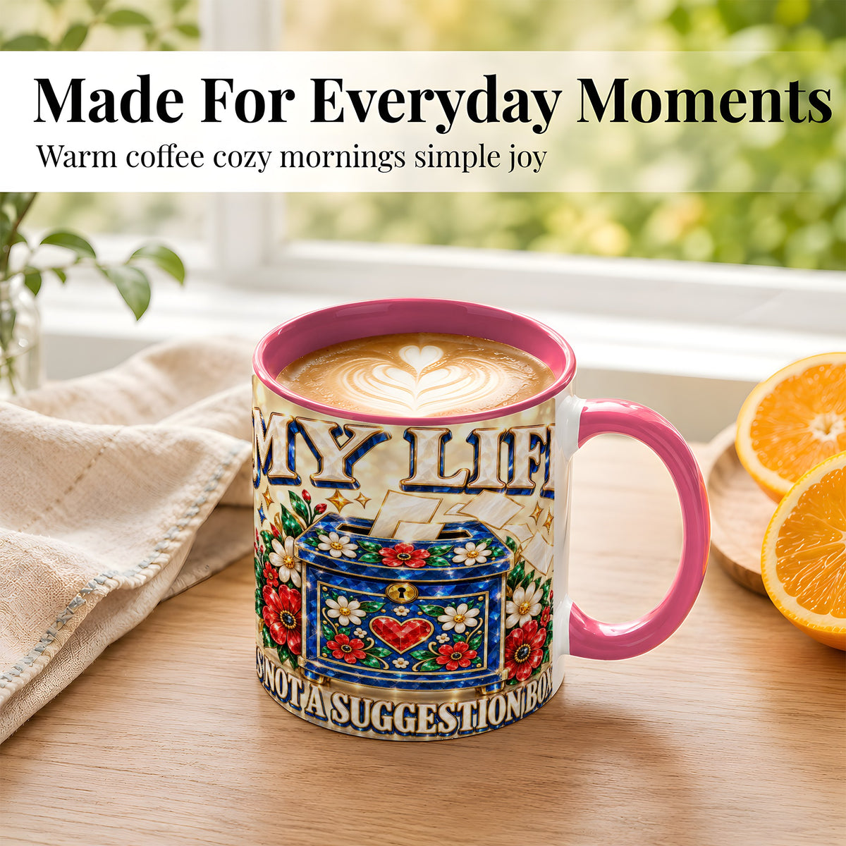 #pl[11oz|Pink] Jeweled Floral Box Coffee Mug, Witty Quote Mug, Ceramic Cup