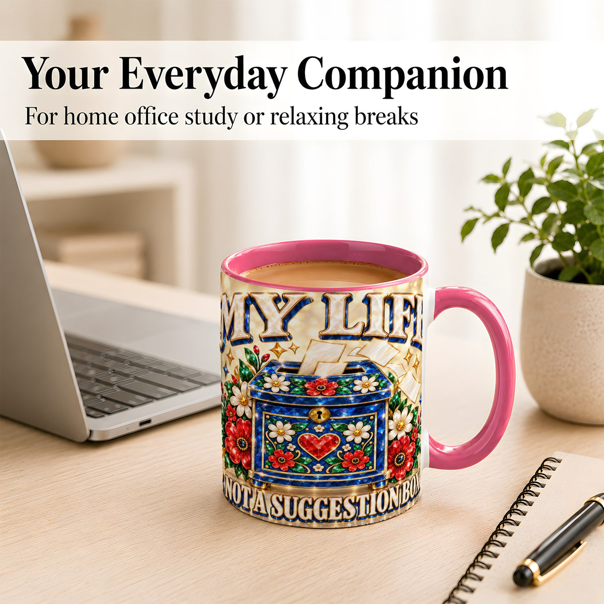 #pl[11oz|Pink] Jeweled Floral Box Coffee Mug, Witty Quote Mug, Ceramic Cup