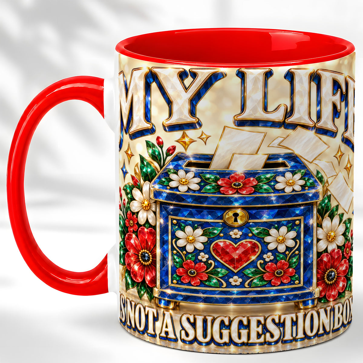 Jeweled Floral Box Coffee Mug, Witty Quote Mug, Ceramic Cup