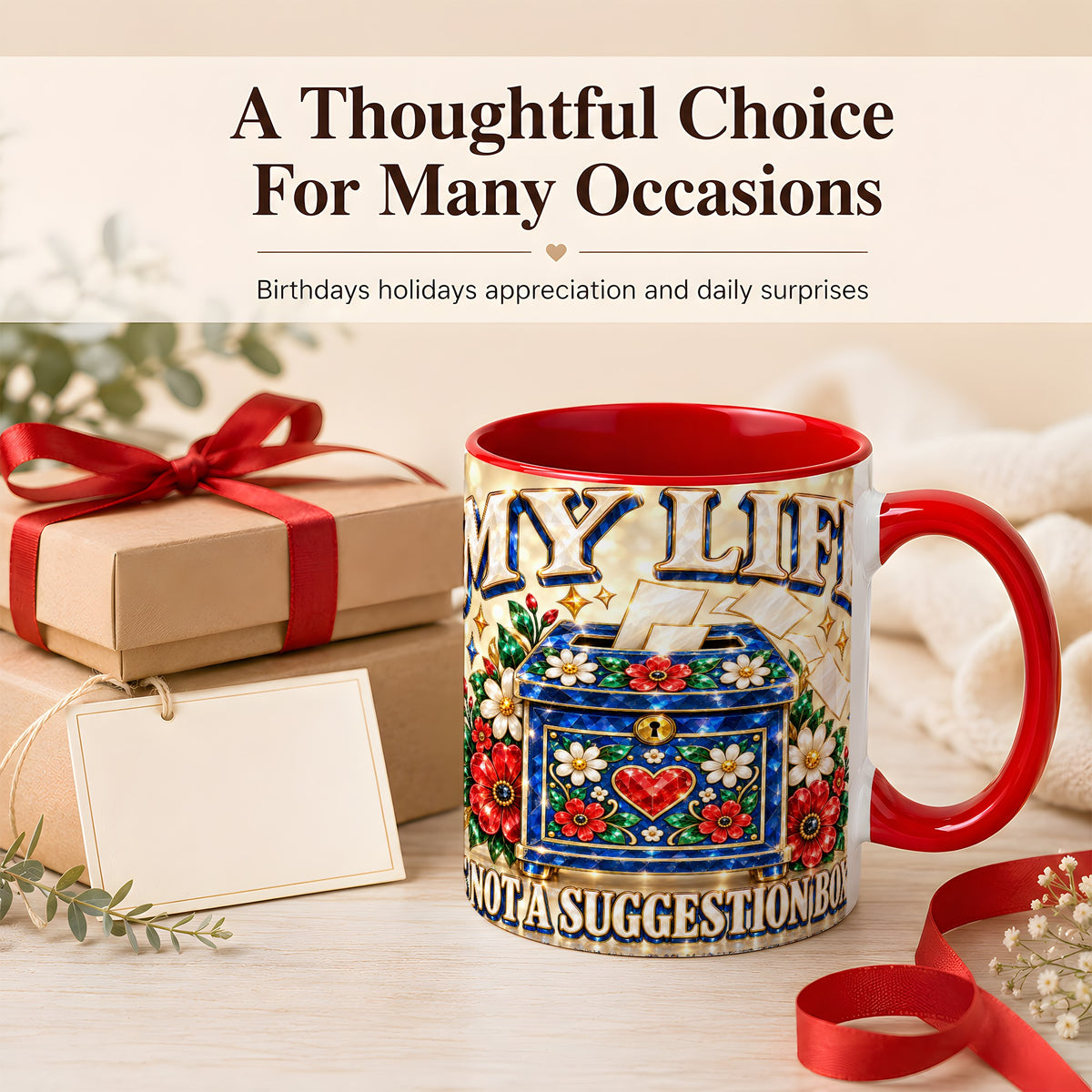 #pl[11oz|Red] Jeweled Floral Box Coffee Mug, Witty Quote Mug, Ceramic Cup