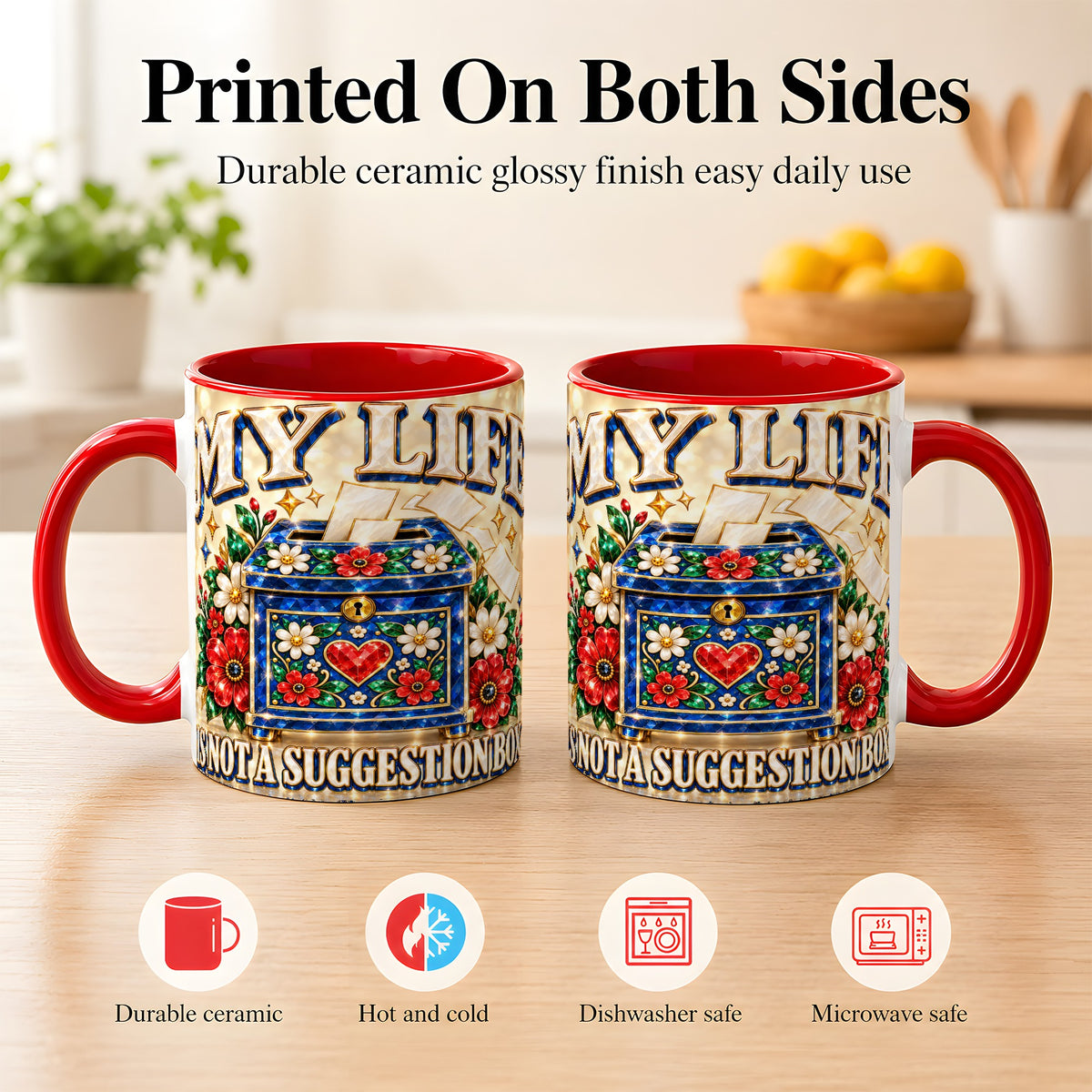 #pl[11oz|Red] Jeweled Floral Box Coffee Mug, Witty Quote Mug, Ceramic Cup