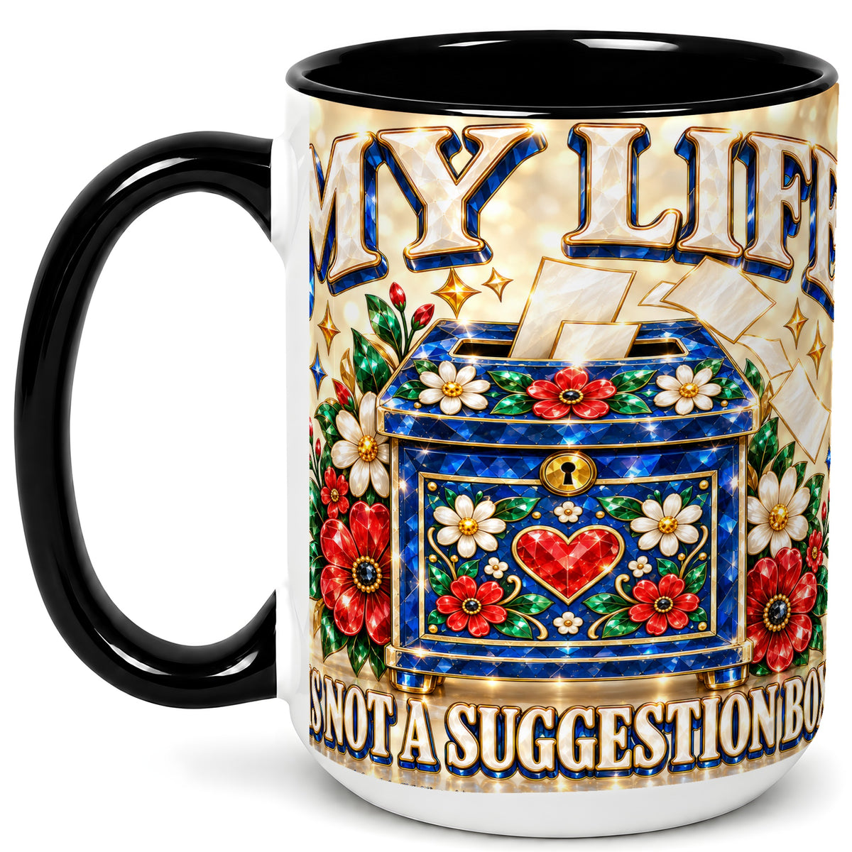#pl[15oz|Black] Jeweled Floral Box Coffee Mug, Witty Quote Mug, Ceramic Cup