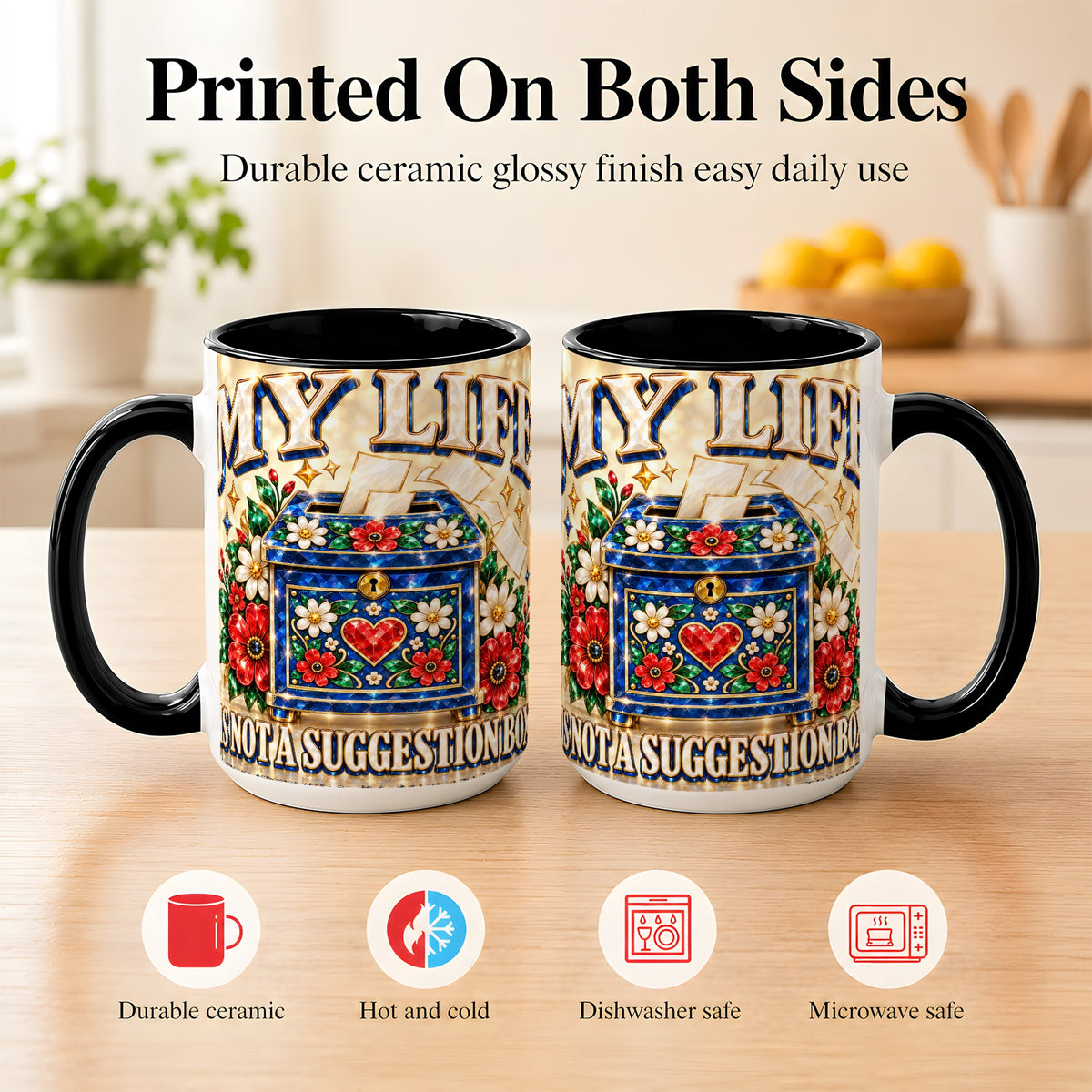 #pl[15oz|Black] Jeweled Floral Box Coffee Mug, Witty Quote Mug, Ceramic Cup
