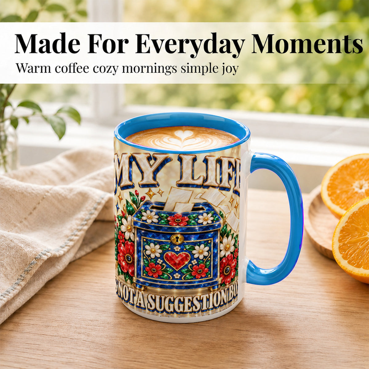 #pl[15oz|Blue] Jeweled Floral Box Coffee Mug, Witty Quote Mug, Ceramic Cup