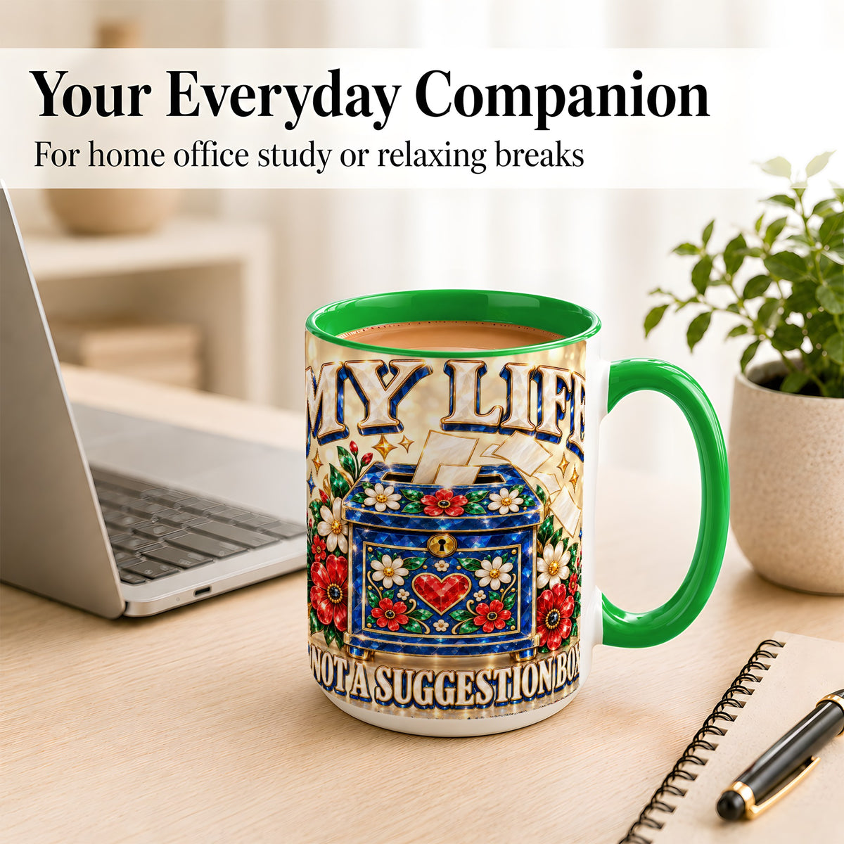 #pl[15oz|Green] Jeweled Floral Box Coffee Mug, Witty Quote Mug, Ceramic Cup