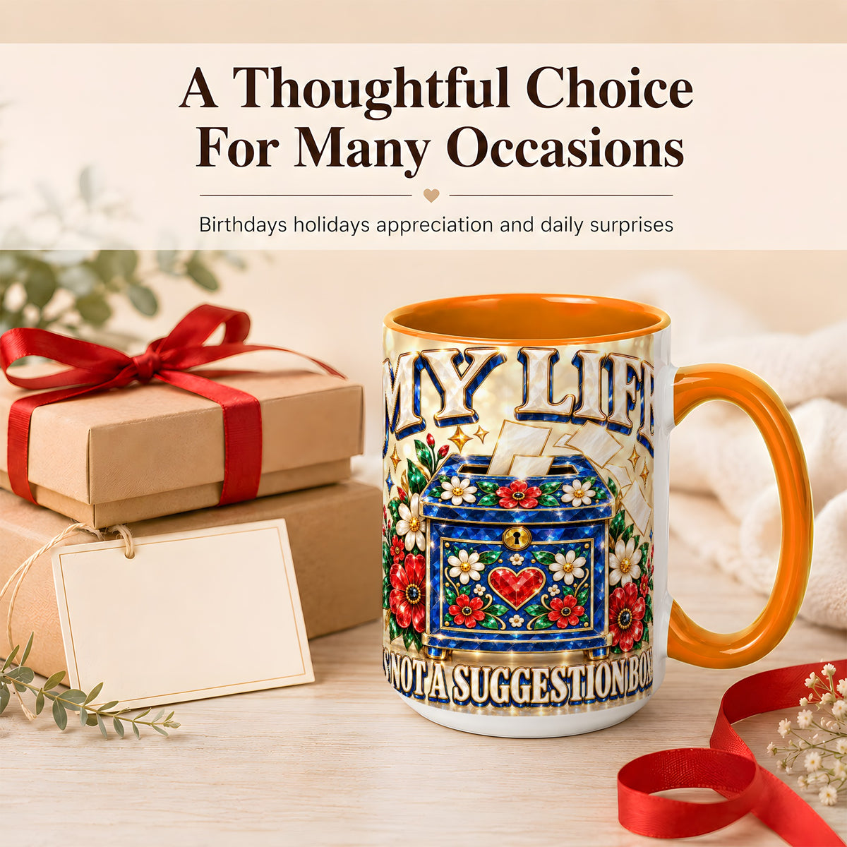 #pl[15oz|Orange] Jeweled Floral Box Coffee Mug, Witty Quote Mug, Ceramic Cup