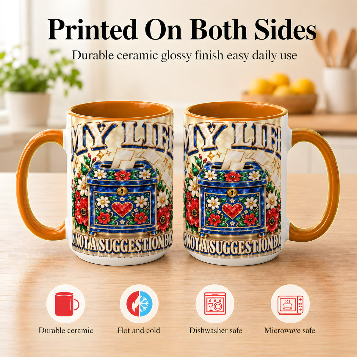 #pl[15oz|Orange] Jeweled Floral Box Coffee Mug, Witty Quote Mug, Ceramic Cup