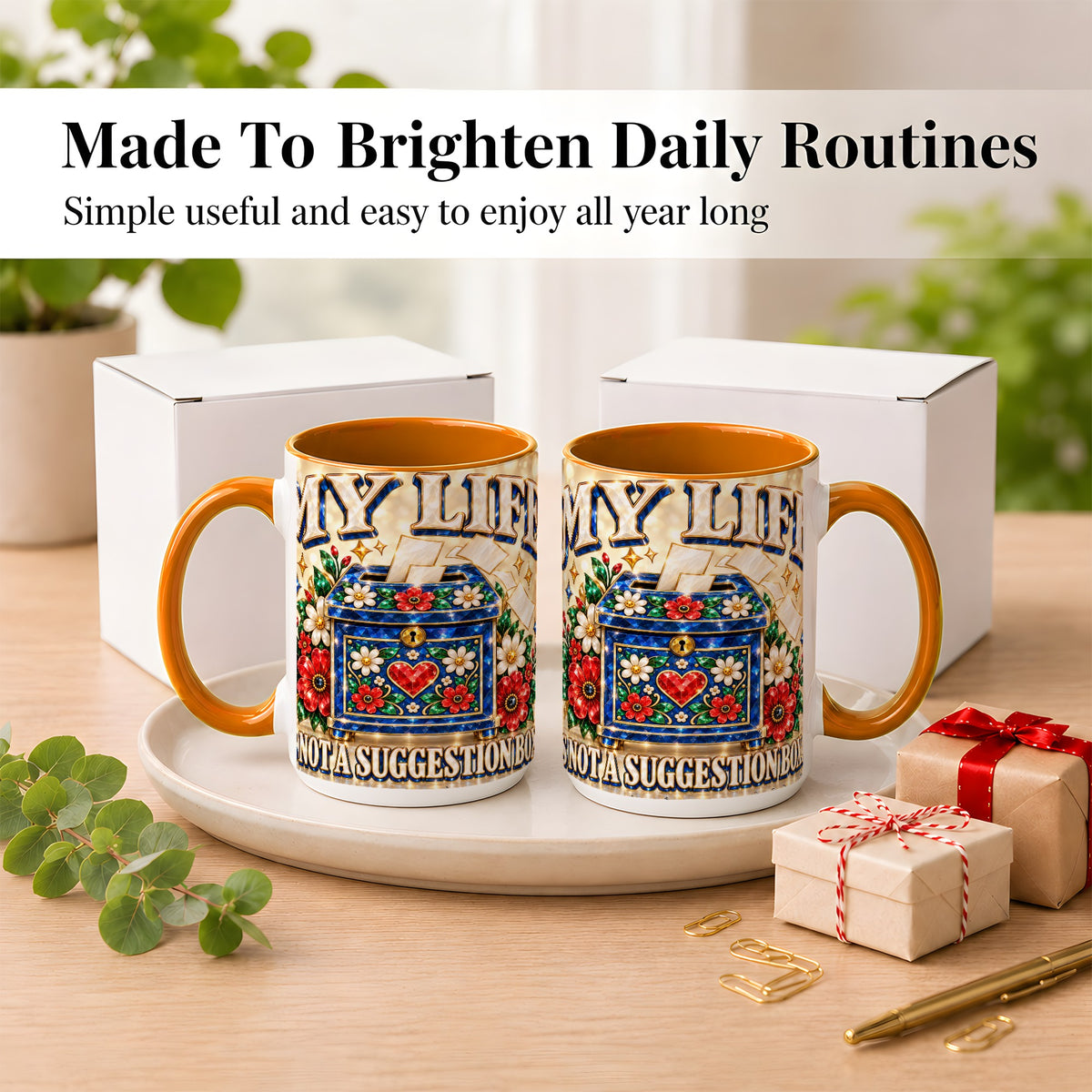 #pl[15oz|Orange] Jeweled Floral Box Coffee Mug, Witty Quote Mug, Ceramic Cup