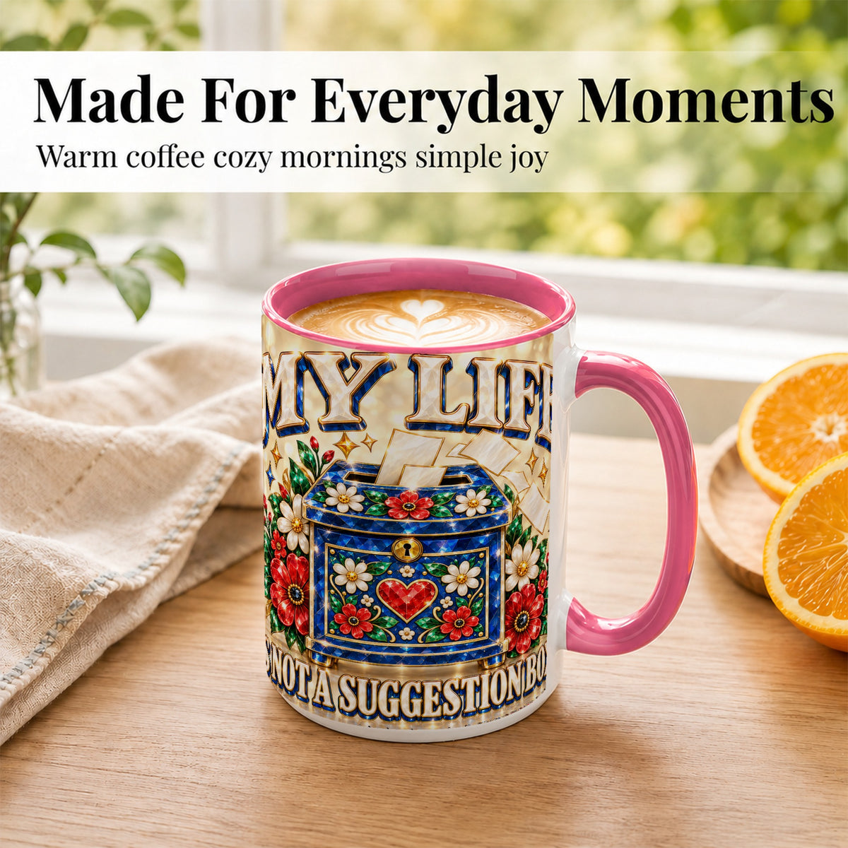 #pl[15oz|Pink] Jeweled Floral Box Coffee Mug, Witty Quote Mug, Ceramic Cup