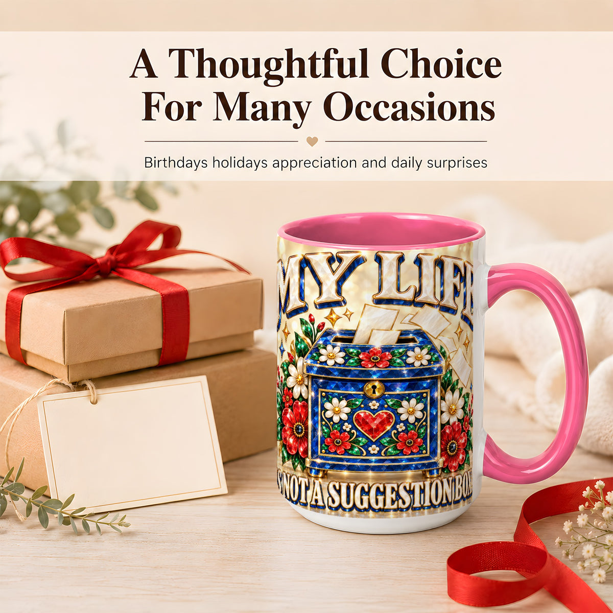 #pl[15oz|Pink] Jeweled Floral Box Coffee Mug, Witty Quote Mug, Ceramic Cup