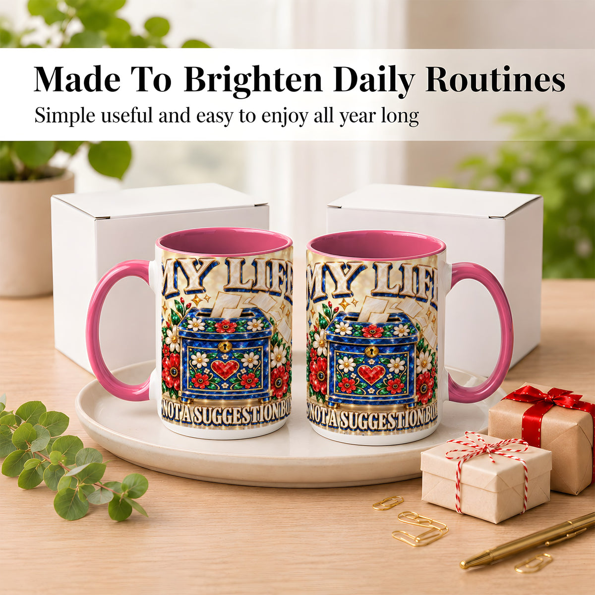 #pl[15oz|Pink] Jeweled Floral Box Coffee Mug, Witty Quote Mug, Ceramic Cup