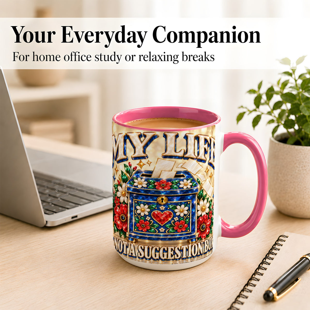#pl[15oz|Pink] Jeweled Floral Box Coffee Mug, Witty Quote Mug, Ceramic Cup