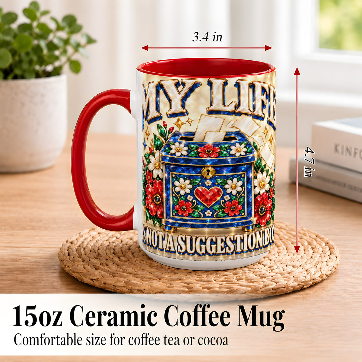 #pl[15oz|Red] Jeweled Floral Box Coffee Mug, Witty Quote Mug, Ceramic Cup