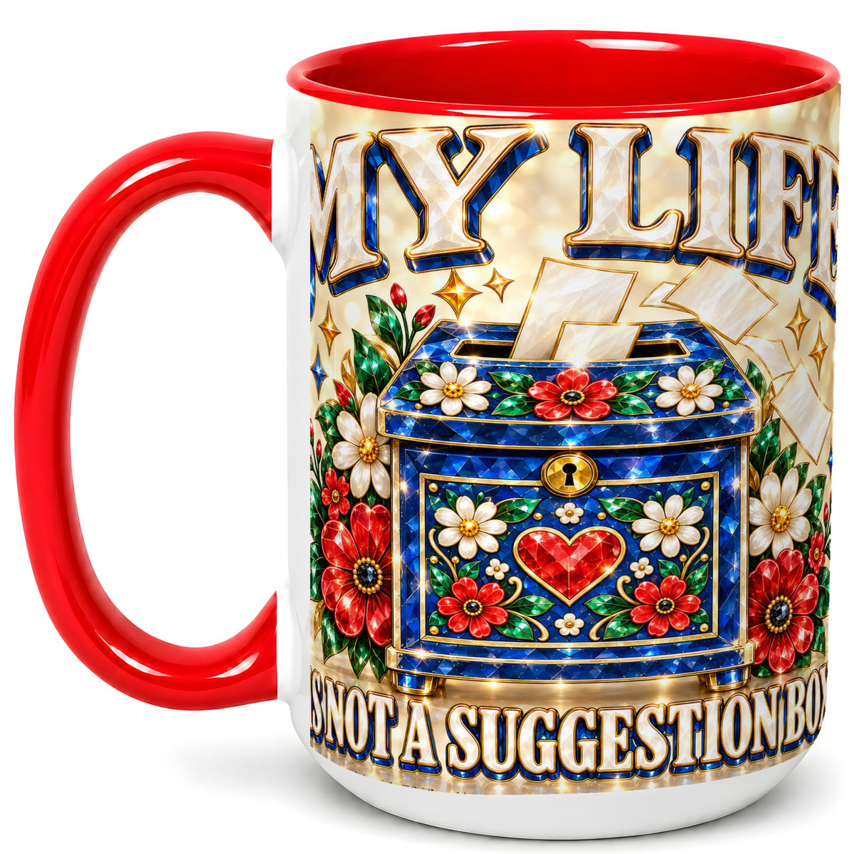 #pl[15oz|Red] Jeweled Floral Box Coffee Mug, Witty Quote Mug, Ceramic Cup