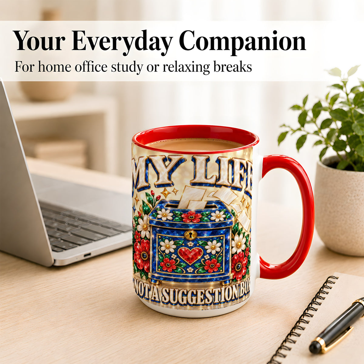#pl[15oz|Red] Jeweled Floral Box Coffee Mug, Witty Quote Mug, Ceramic Cup