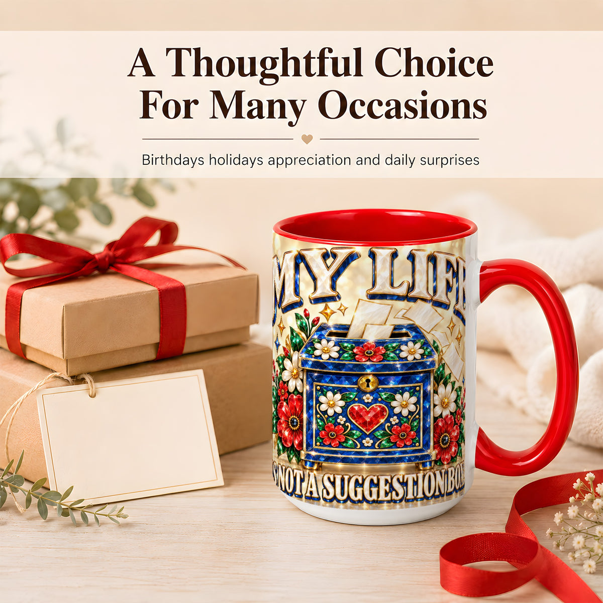 #pl[15oz|Red] Jeweled Floral Box Coffee Mug, Witty Quote Mug, Ceramic Cup