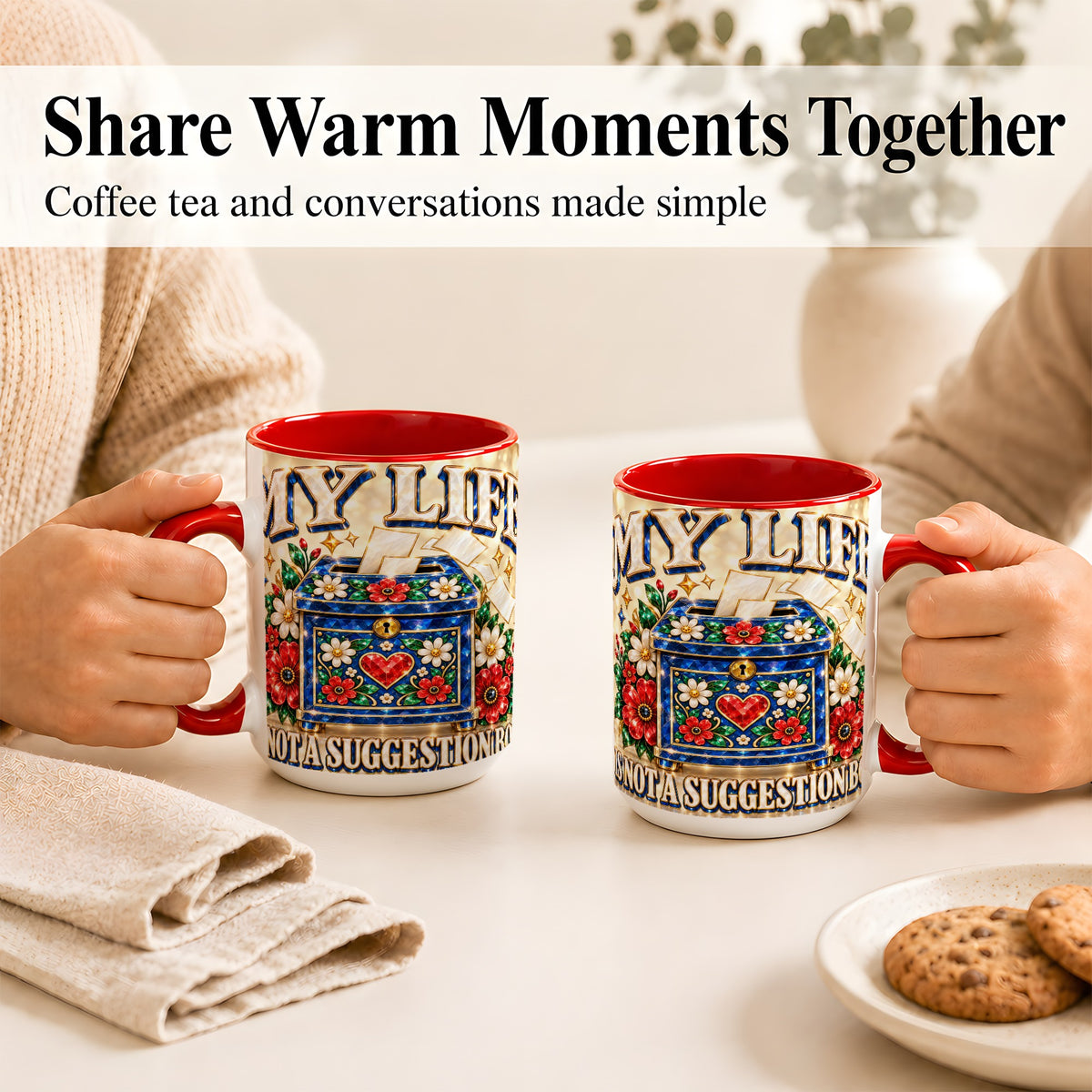 #pl[15oz|Red] Jeweled Floral Box Coffee Mug, Witty Quote Mug, Ceramic Cup