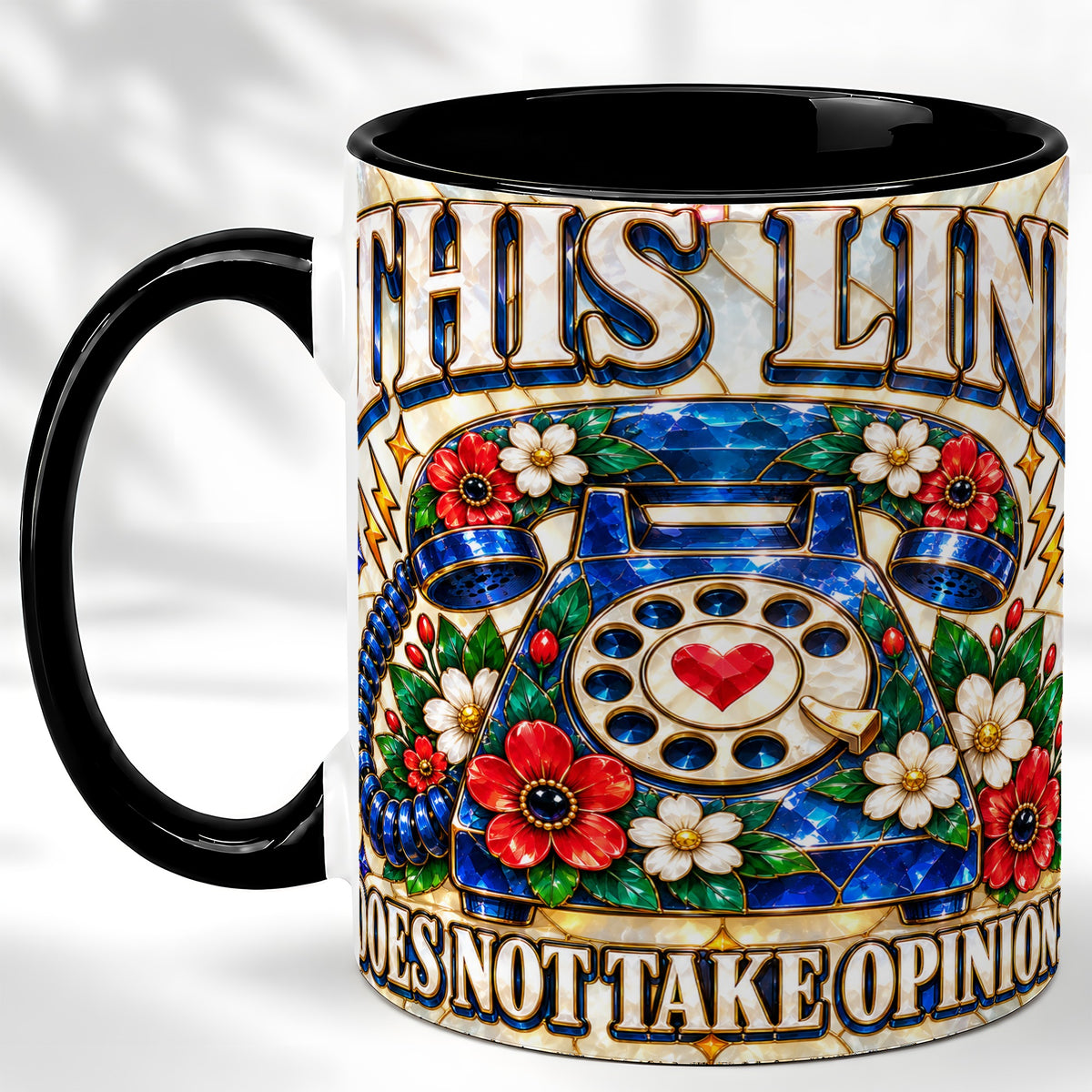 #pl[11oz|Black] Stained Glass Style Rotary Phone Coffee Mug, Floral Mug, Ceramic Cup
