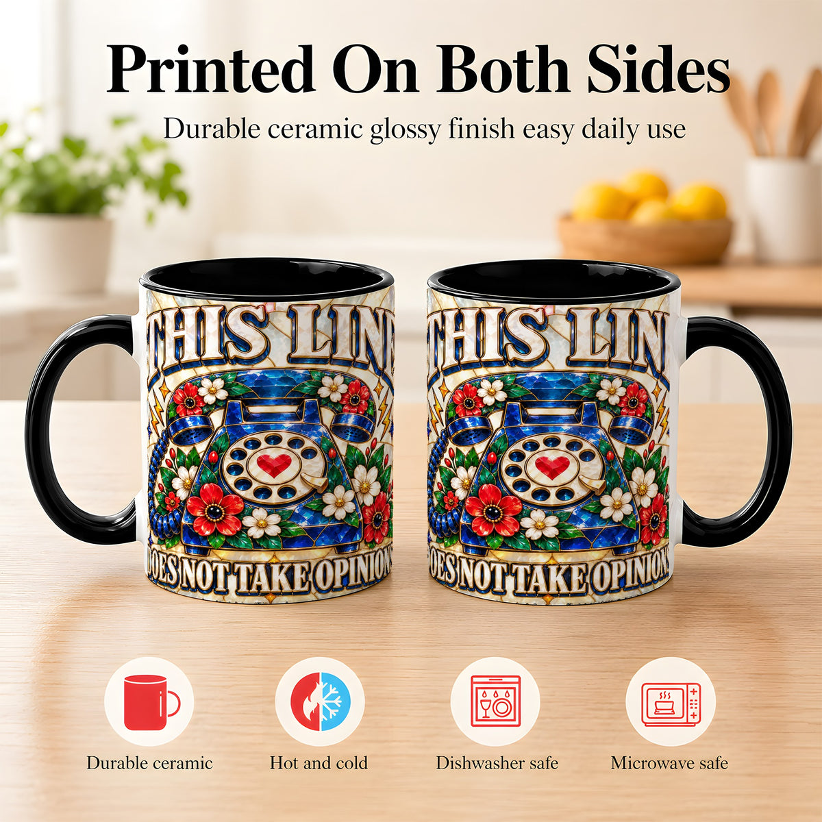 #pl[11oz|Black] Stained Glass Style Rotary Phone Coffee Mug, Floral Mug, Ceramic Cup