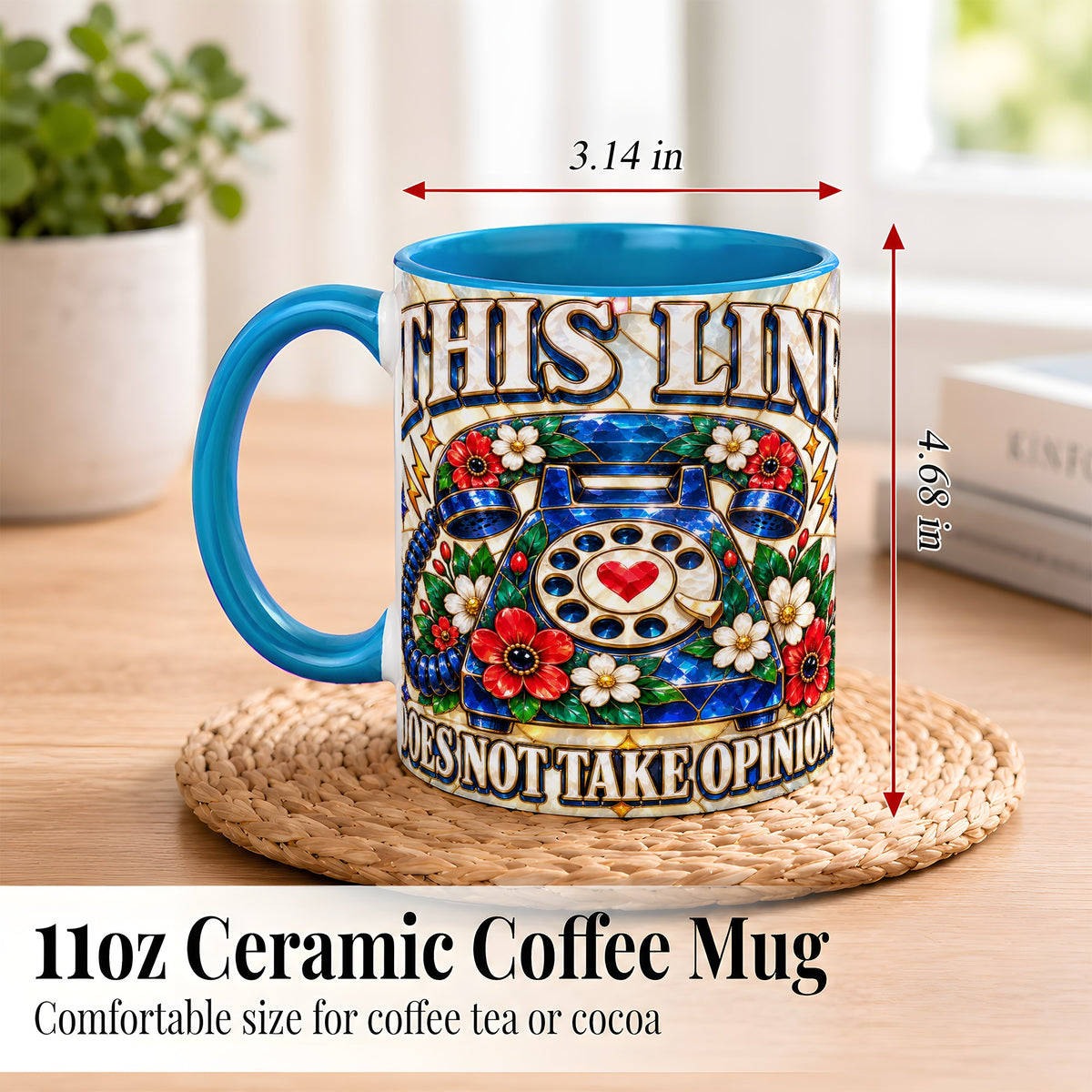 #pl[11oz|Blue] Stained Glass Style Rotary Phone Coffee Mug, Floral Mug, Ceramic Cup