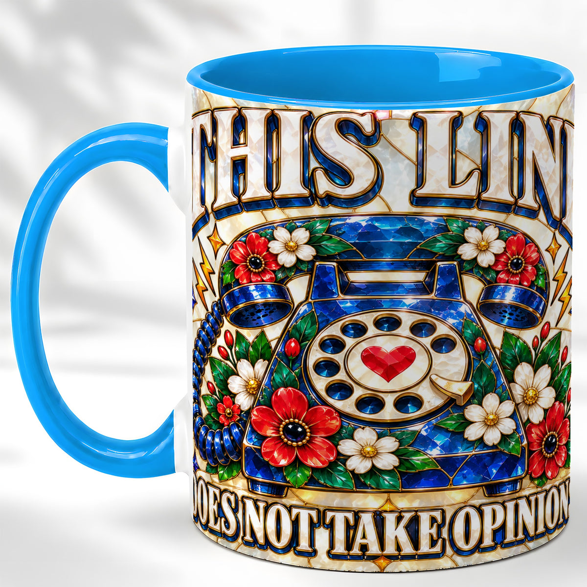 #pl[11oz|Blue] Stained Glass Style Rotary Phone Coffee Mug, Floral Mug, Ceramic Cup