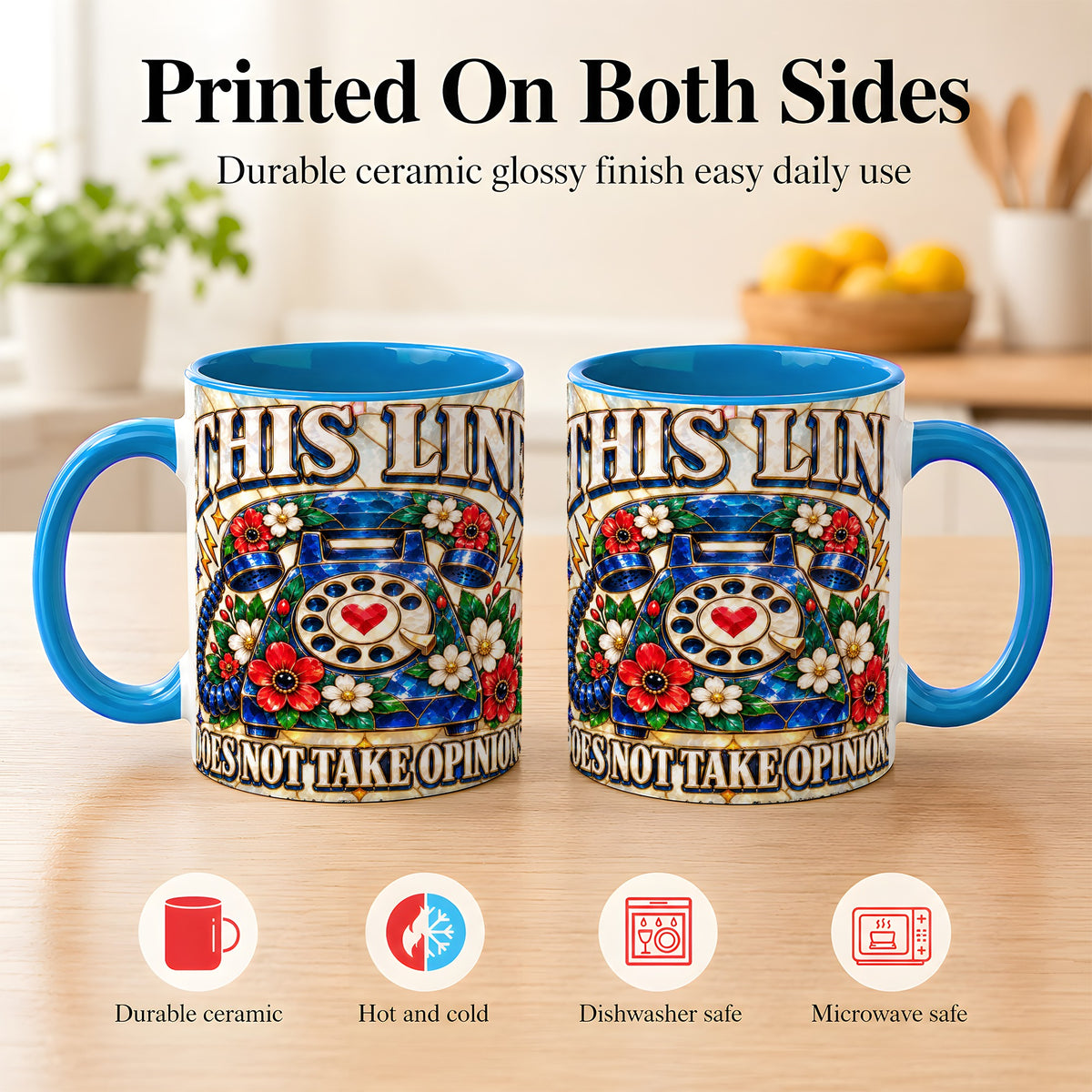 #pl[11oz|Blue] Stained Glass Style Rotary Phone Coffee Mug, Floral Mug, Ceramic Cup