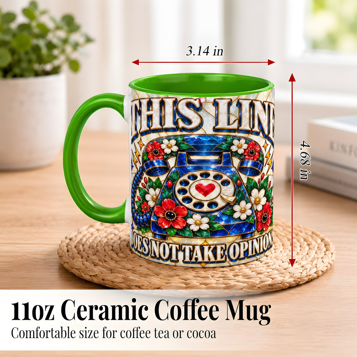 #pl[11oz|Green] Stained Glass Style Rotary Phone Coffee Mug, Floral Mug, Ceramic Cup