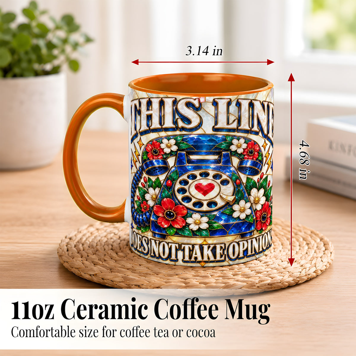 #pl[11oz|Orange] Stained Glass Style Rotary Phone Coffee Mug, Floral Mug, Ceramic Cup