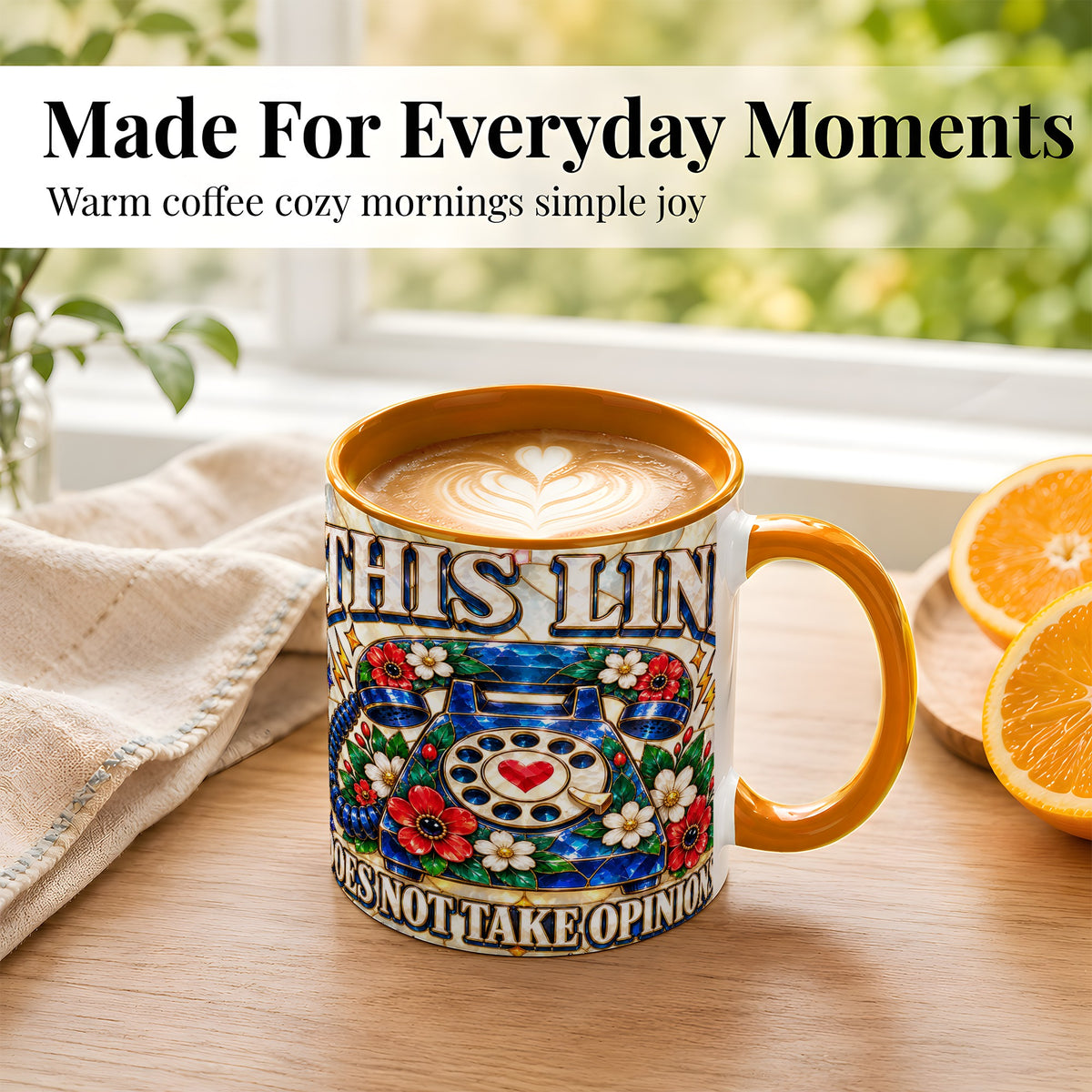 #pl[11oz|Orange] Stained Glass Style Rotary Phone Coffee Mug, Floral Mug, Ceramic Cup