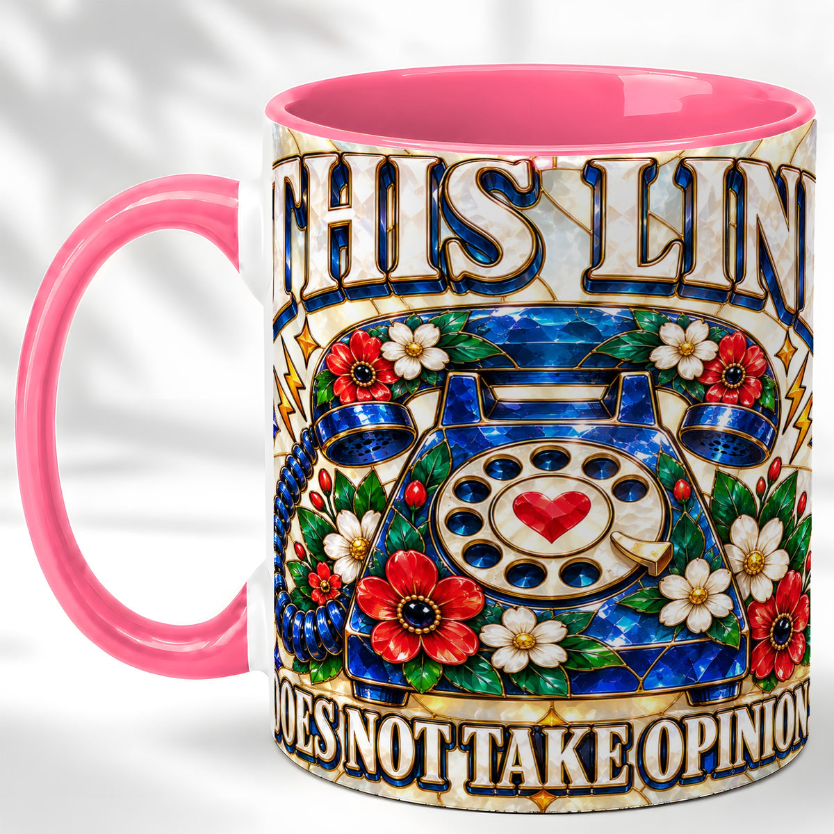#pl[11oz|Pink] Stained Glass Style Rotary Phone Coffee Mug, Floral Mug, Ceramic Cup