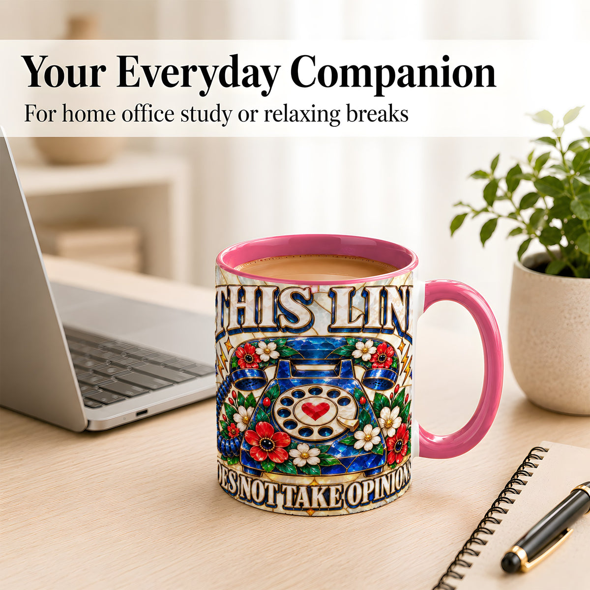 #pl[11oz|Pink] Stained Glass Style Rotary Phone Coffee Mug, Floral Mug, Ceramic Cup